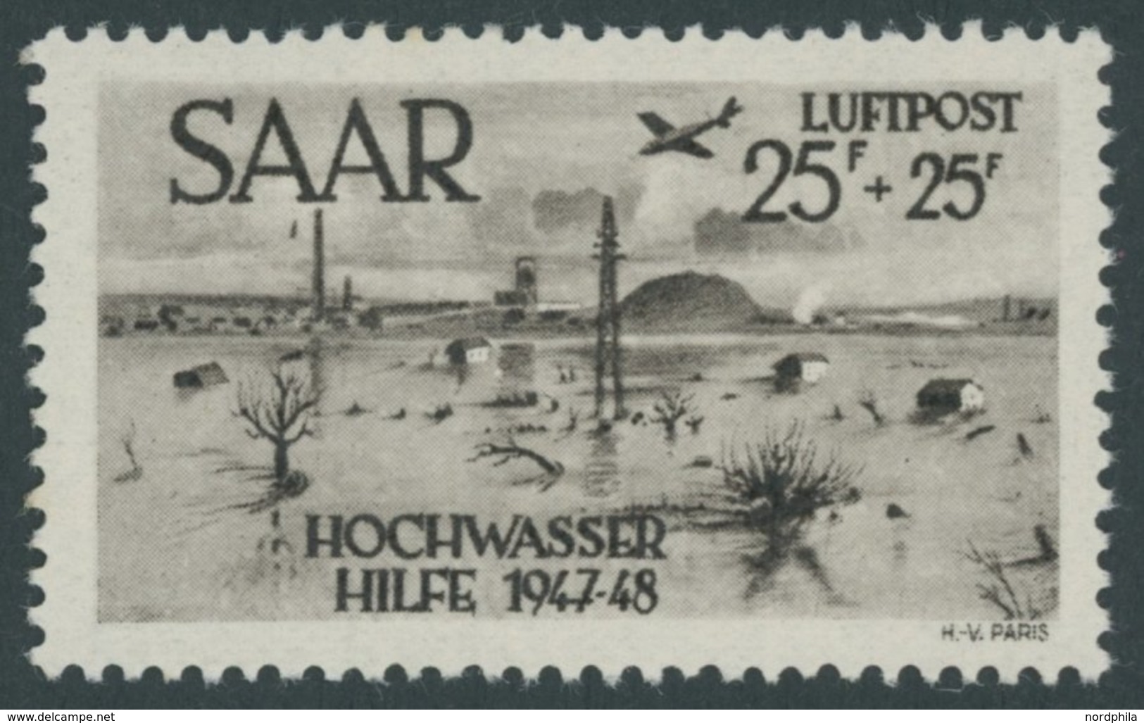 SAARLAND 259I **, 1948 25 Fr. Hochwasserhilfe Mit Plattenfehler Bombe Fällt Unter Erstem A Von Saar, Postfrisch, Pracht, - Andere & Zonder Classificatie