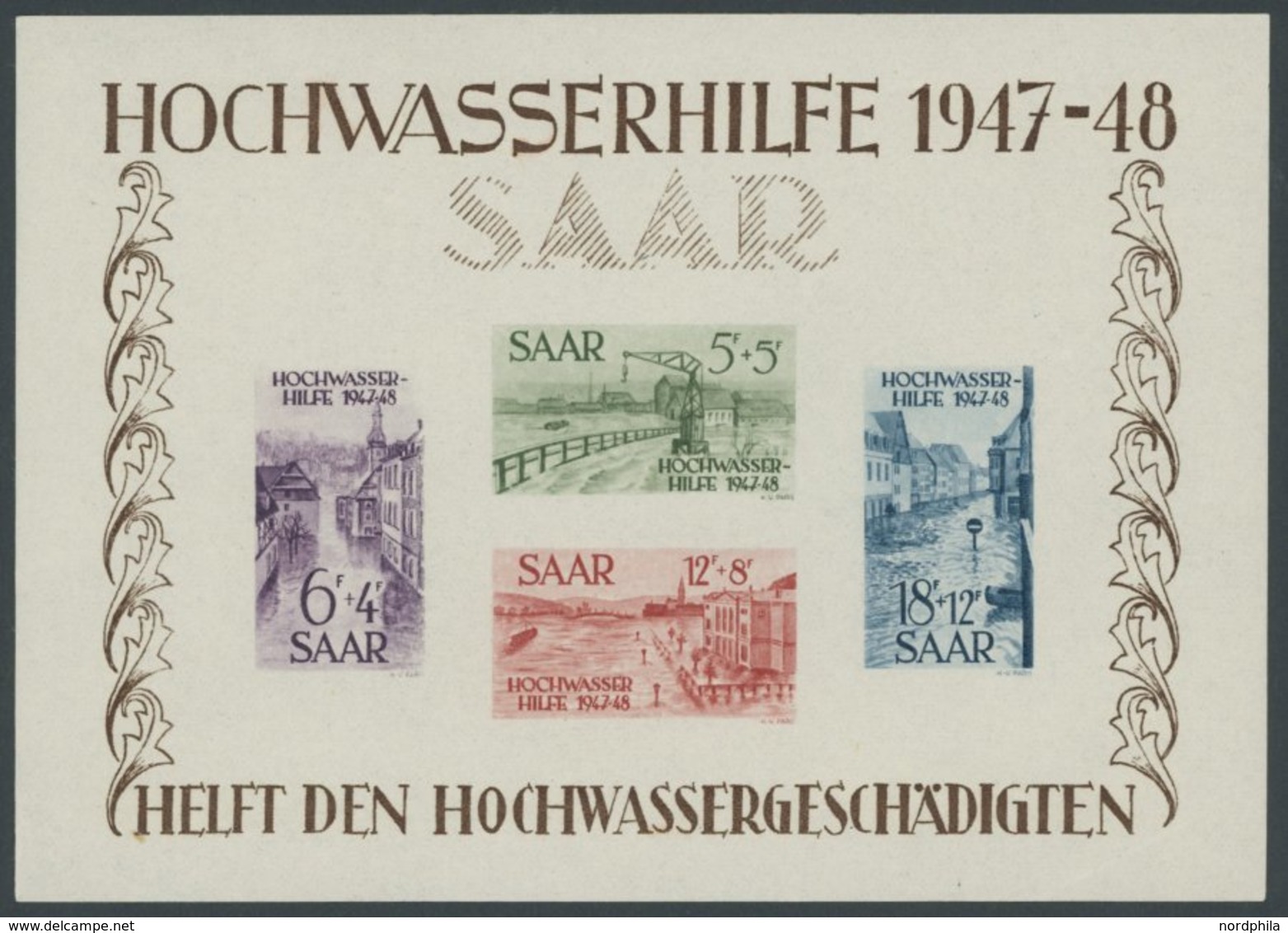 SAARLAND Bl. 1 *, 1948, Blockpaar Hochwasserhilfe, Matter Gummi, Haftspuren, Feinst - Altri & Non Classificati