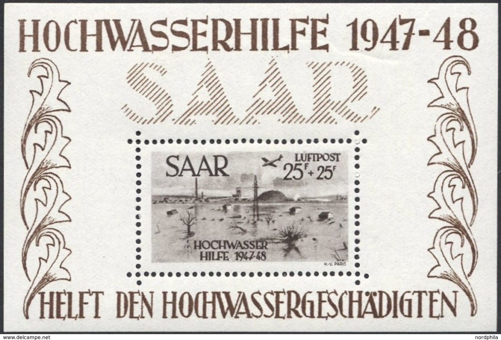 SAARLAND Bl. 2 **, 1948, Kleiner Block Hochwasserhilfe, Herstellungsbedingte Gummiknitter Im Rand, Pracht, Mi. 600.- - Andere & Zonder Classificatie