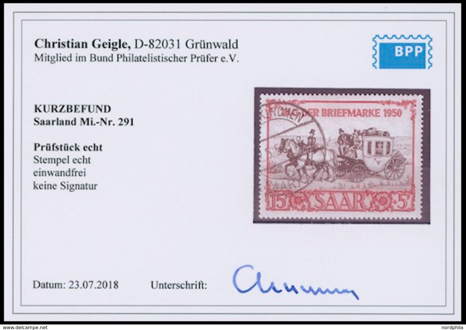 SAARLAND 291 O, 1950, 15 Fr. IBASA, Pracht, Kurzbefund Geigle, Mi. 140.- - Andere & Zonder Classificatie