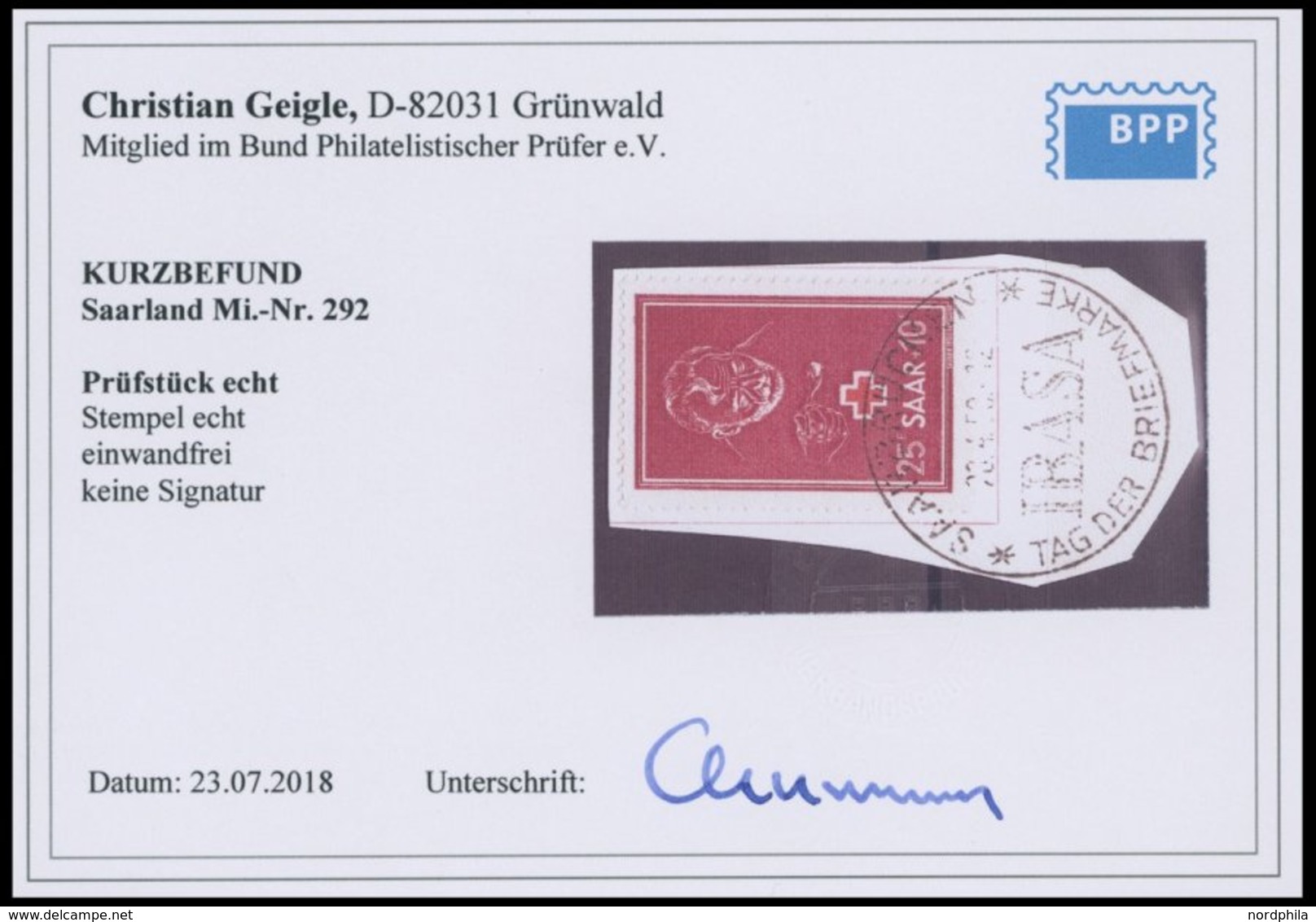 SAARLAND 292 BrfStk, 1950, 25 Fr. Rotes Kreuz Mit Sonderstempel Auf Briefstück, Pracht, Kurzbefund Geigle, Mi. 80.- - Altri & Non Classificati