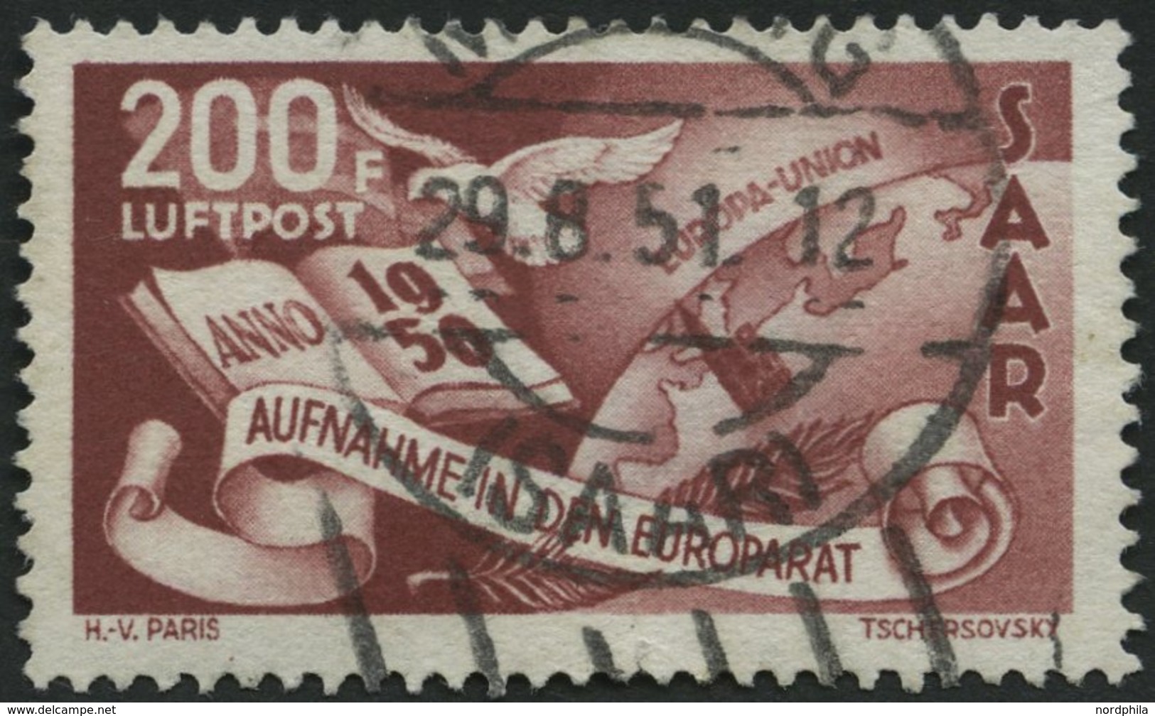 SAARLAND 298 O, 1950, 200 Fr. Europarat, Feinst (kleine Aufrauhung), Gepr. Ney, Mi. 310.- - Other & Unclassified