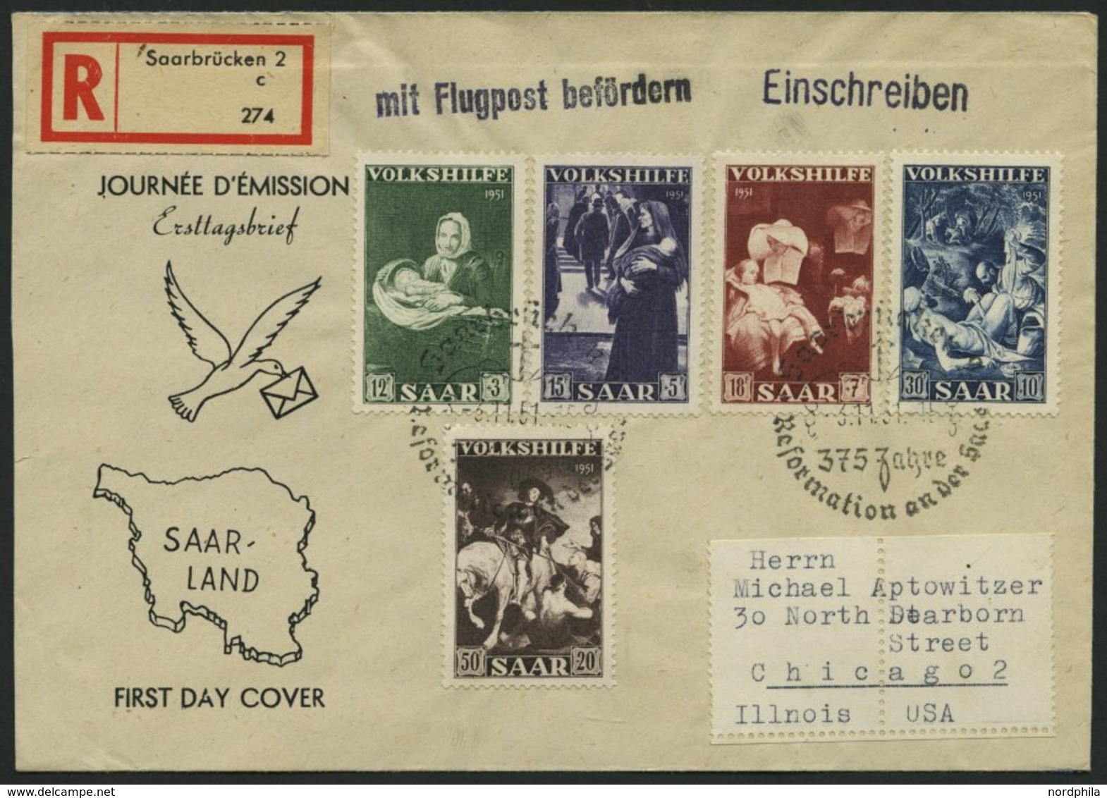 SAARLAND 309-13 BRIEF, 1951, Volkshilfe Auf FDC, Echt Gelaufener Luftpost-Einschreibbrief In Die USA, Pracht - Andere & Zonder Classificatie