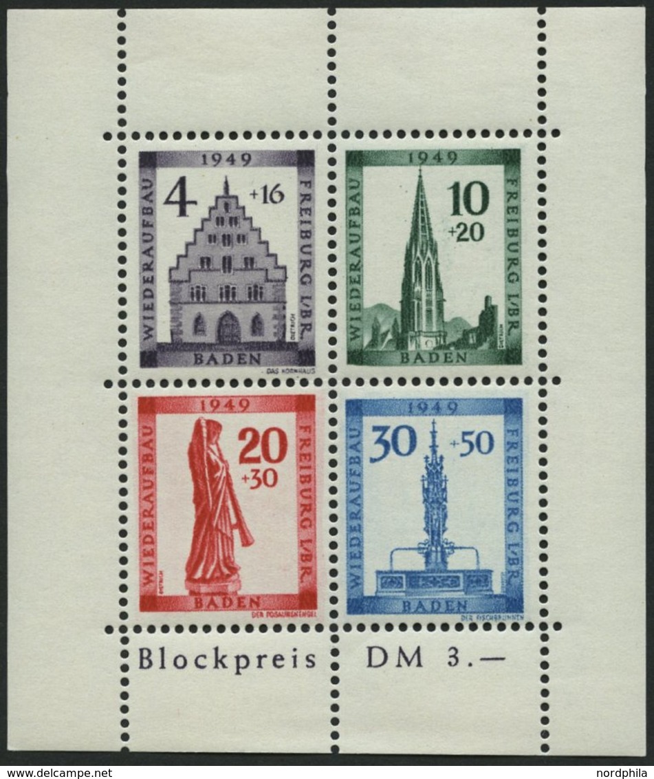BADEN Bl. 1A **, 1949, Block Freiburg, Gezähnt, Pracht, Mi. 75.- - Andere & Zonder Classificatie