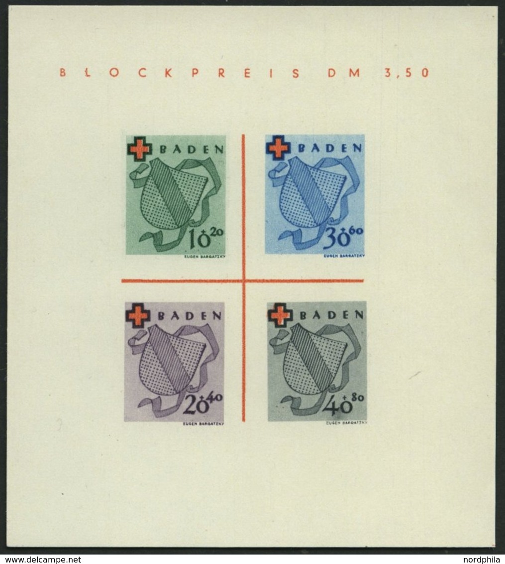 BADEN Bl. 2II/II (*), 1949, Block Rotes Kreuz, Type II: Farbfleck Unten An Der 40, Pracht, Mi. 140.- - Andere & Zonder Classificatie