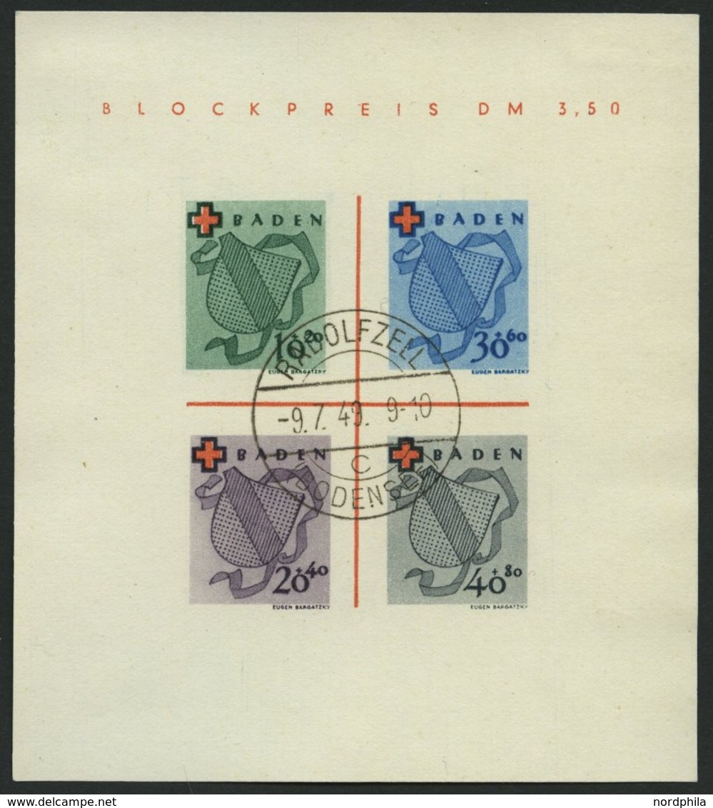 BADEN Bl. 2II/IV O, 1949, Block Rotes Kreuz, Type IV, Stempel RADOLFZELL, Pracht, Fotoattest H.D. Schlegel, Mi. 1800.- - Other & Unclassified