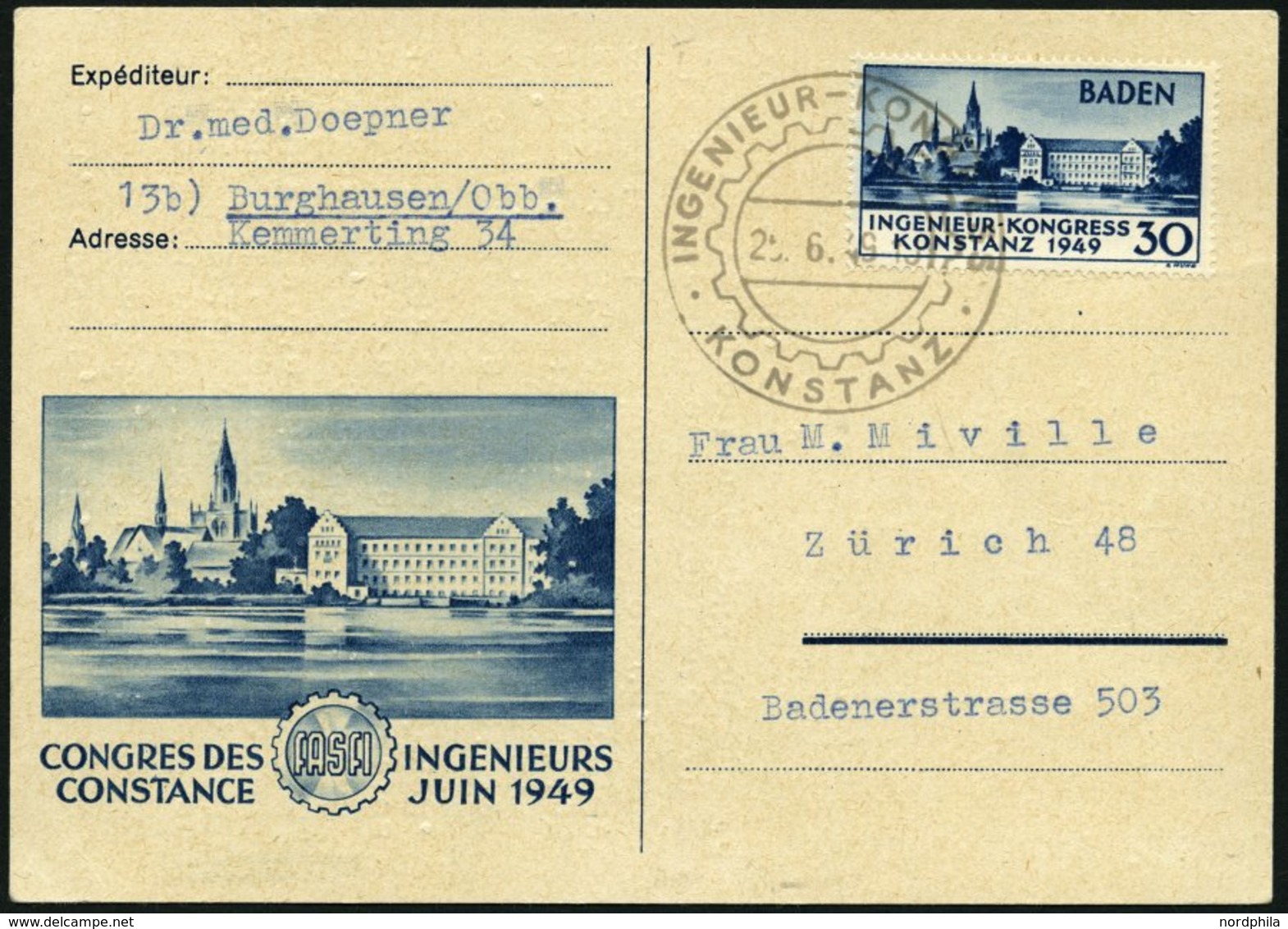 BADEN 46I BRIEF, 1949, 30 Pf. Konstanz I, Mit Sonderstempel Auf Sonderkarte In Die Schweiz, Pracht - Andere & Zonder Classificatie