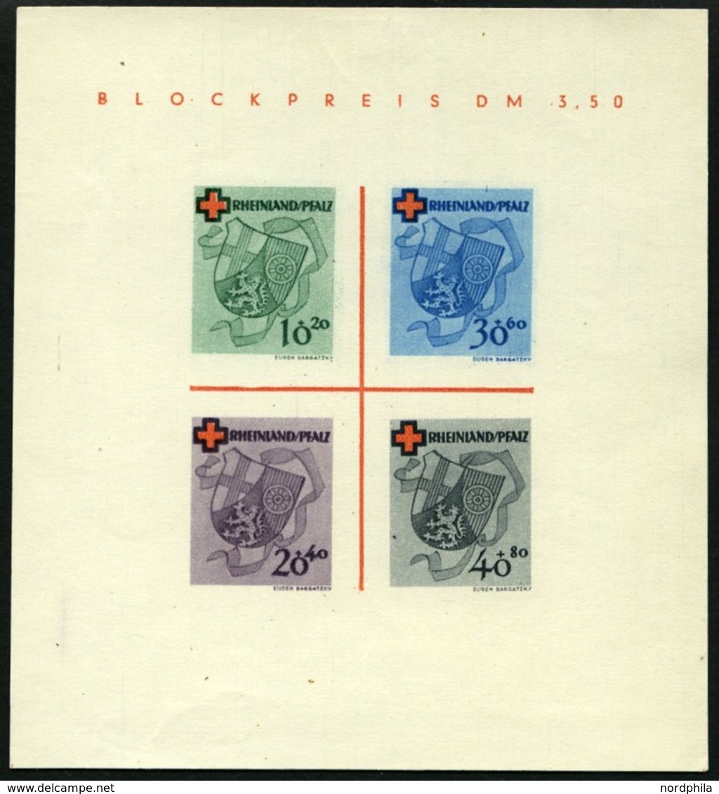 RHEINLAND PFALZ Bl. 1I/V (*), 1949, Block Rotes Kreuz, Type V: Roter Querbalken Des B In Blockpreis Verdickt, Falzrest,  - Andere & Zonder Classificatie