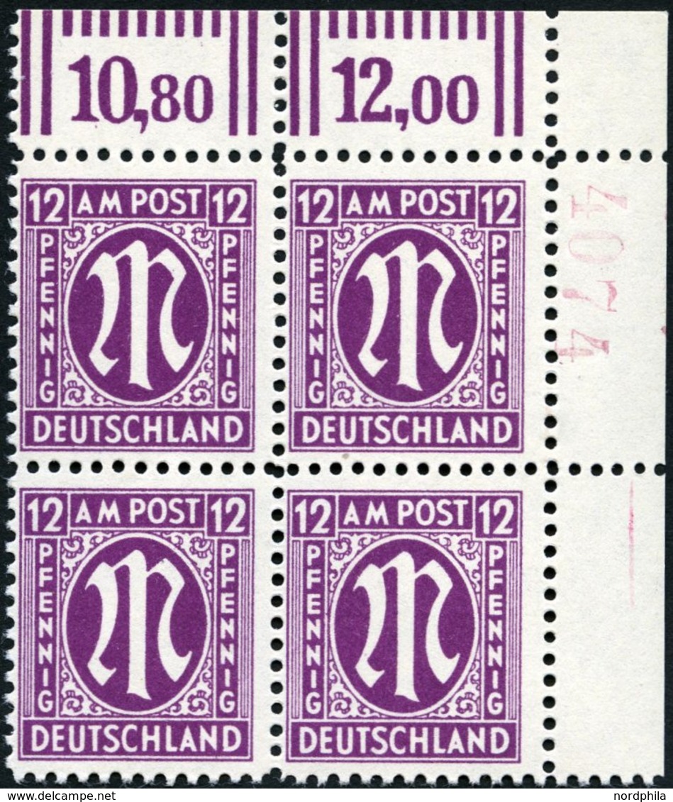 AMERIK. U. BRITISCHE ZONE 23Dr4 VB **, 1945, 12 Pf. Dunkelpupur Im Eckrandviererblock, Gezähnt L 111/2, Mit Roter Nummer - Altri & Non Classificati