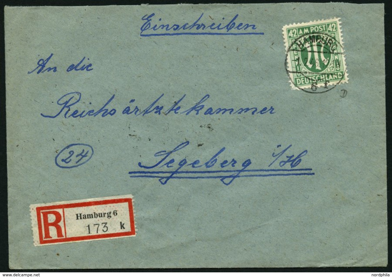 AMERIK. U. BRITISCHE ZONE 31D BRIEF, 1946, 42 Pf. Grün, Gezähnt L 111/2, Einzelfrankatur Auf Einschreibbrief Von HAMBURG - Other & Unclassified