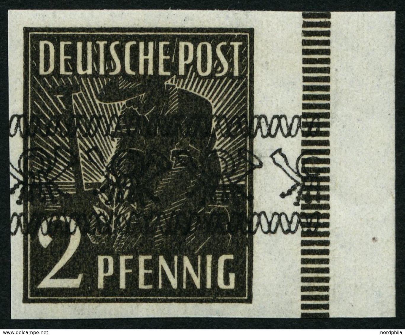 AMERIK. U. BRITISCHE ZONE 36IU **, 1948, 2 Pf. Bandaufdruck, Ungezähnt, Randstück, Pracht, Gepr. Schlegel, Mi. 200.- - Autres & Non Classés