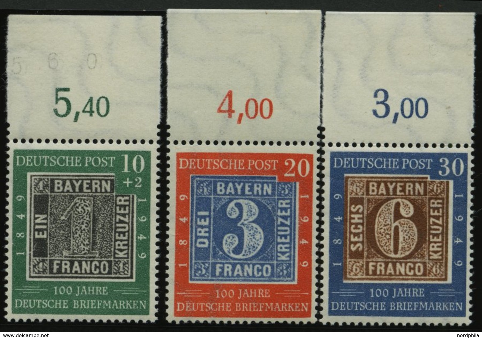 BUNDESREPUBLIK 113-15 **, 1949, 100 Jahre Briefmarken Vom Oberrand, Prachtsatz - Andere & Zonder Classificatie