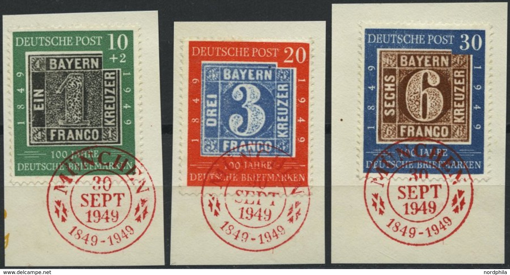 BUNDESREPUBLIK 113-15 BrfStk, 1949, 100 Jahre Briefmarken Mit Rotem Ersttags-Sonderstempel, Prachtsatz - Autres & Non Classés