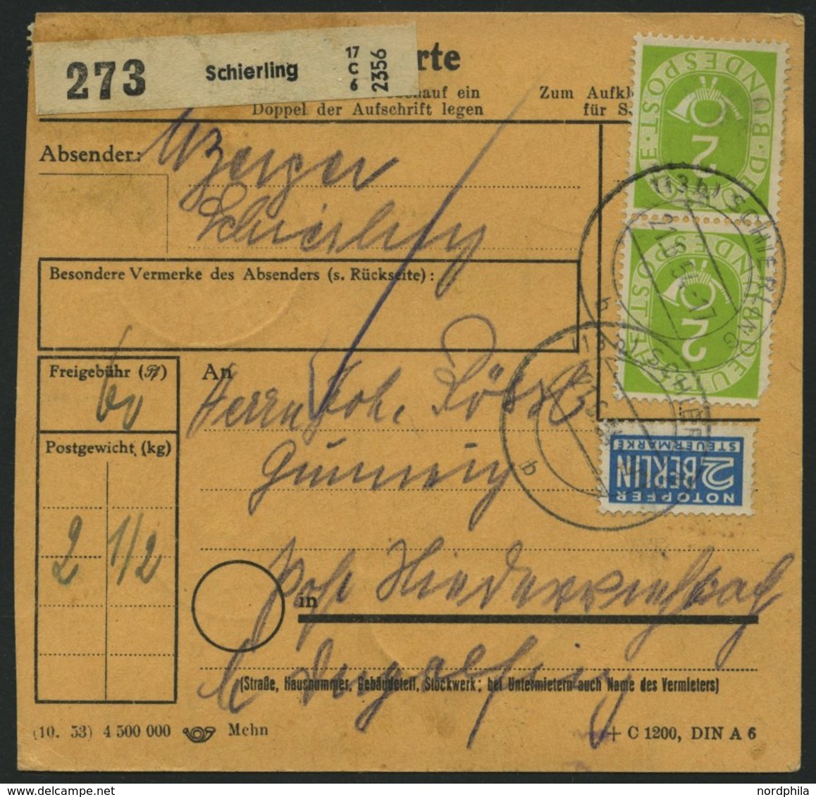 BUNDESREPUBLIK 125 BRIEF, 1954, 5 Pf. Posthorn Im Achterblock Rückseitig Mit 20 Pf. Zusatzfrankatur Auf Paketkarte Aus S - Other & Unclassified