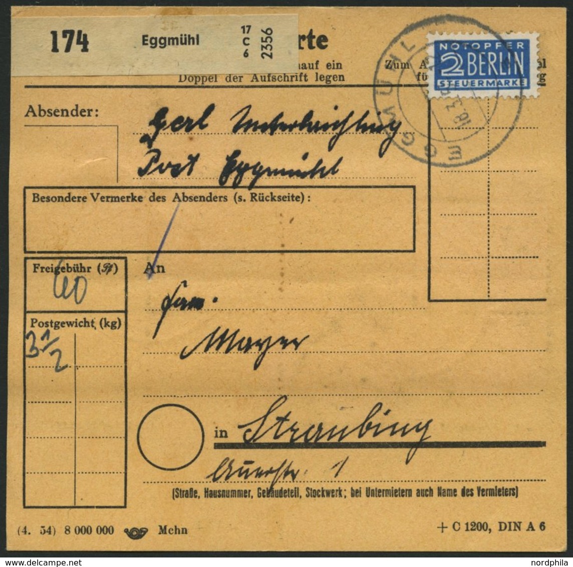BUNDESREPUBLIK 126 BRIEF, 1954, 6 Pf. Posthorn Im Achterblock Und Waagerechten Paar Rückseitig Als Seltene Mehrfachfrank - Other & Unclassified