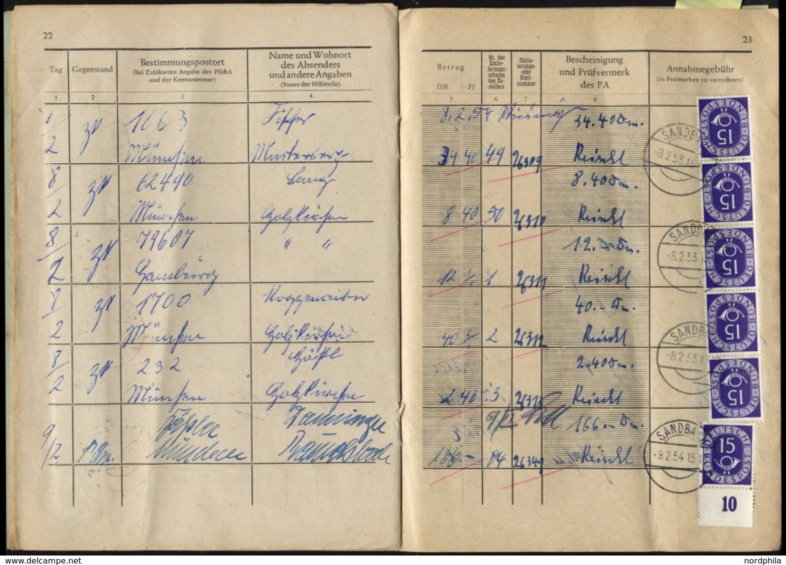 BUNDESREPUBLIK 129 BRIEF, 1953/4, Annahmebuch (Land), Zustellbezirk Nr. I In Sandbach, 32 Seiten Komplett, Die Gebühr Wu - Andere & Zonder Classificatie