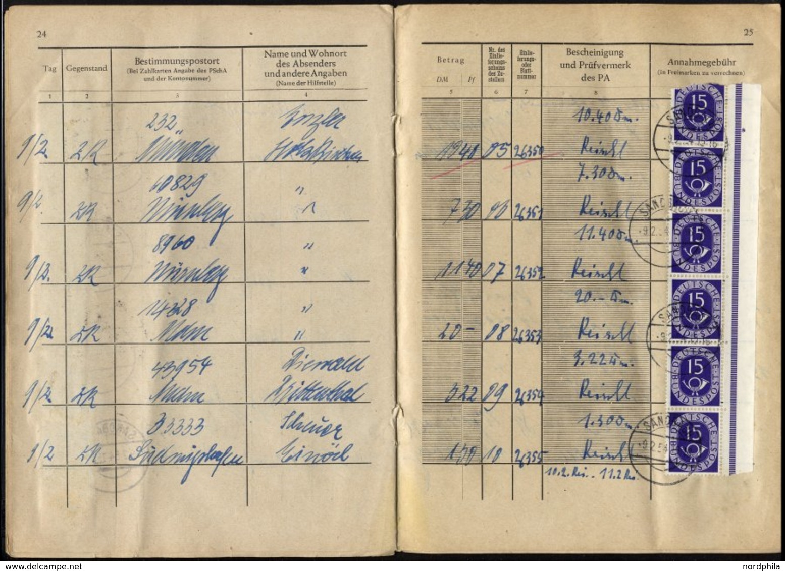 BUNDESREPUBLIK 129 BRIEF, 1953/4, Annahmebuch (Land), Zustellbezirk Nr. I In Sandbach, 32 Seiten Komplett, Die Gebühr Wu - Other & Unclassified