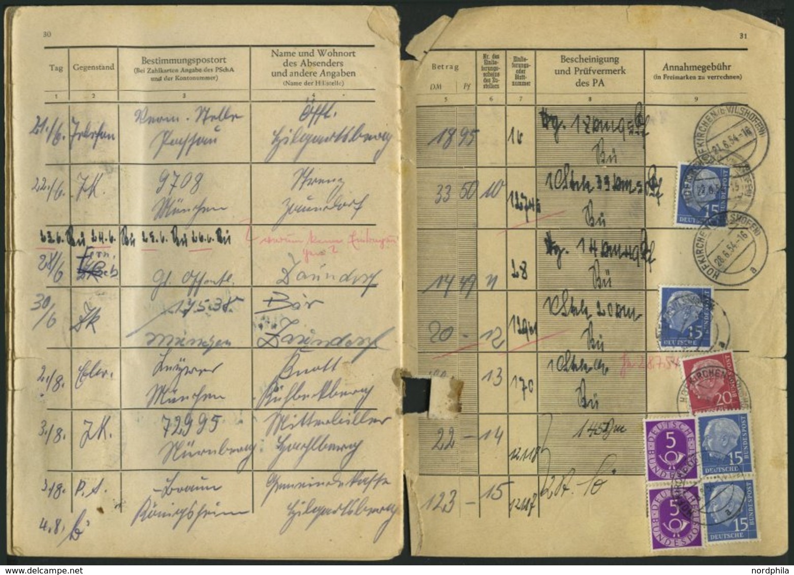 BUNDESREPUBLIK 129 BRIEF, 1953/4, Annahmebuch (Land), Zustellbezirk Nr. 2 In Hofkirchen, 32 Seiten Komplett, Die Gebühr  - Andere & Zonder Classificatie