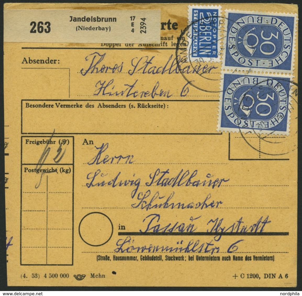 BUNDESREPUBLIK 132 Paar BRIEF, 1954, 30 Pf. Posthorn Im Waagerechten Paar Als Mehrfachfrankatur Auf Paketkarte Aus JANDE - Other & Unclassified