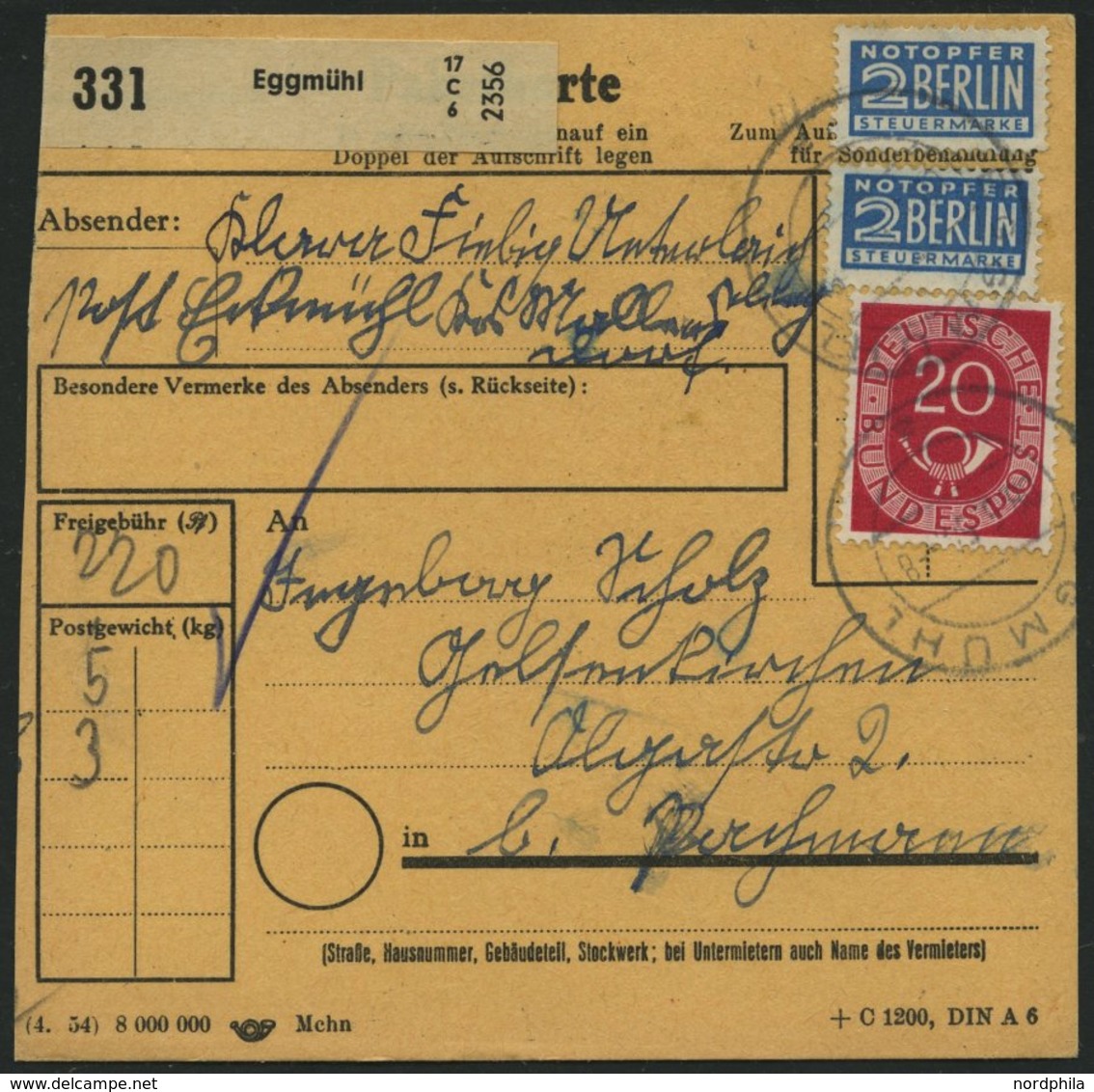 BUNDESREPUBLIK 133 BRIEF, 1954, 40 Pf. Posthorn Im Fünferblock Rückseitig Mit 20 Pf. Zusatzfrankatur Auf Paketkarte Aus  - Other & Unclassified