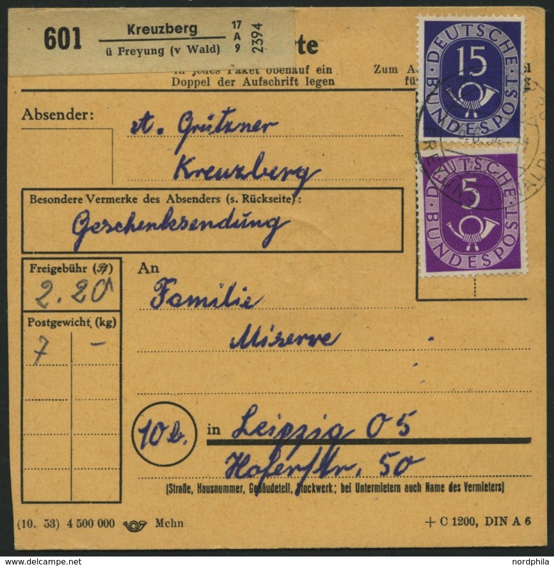 BUNDESREPUBLIK 134 VB BRIEF, 1954, 50 Pf. Posthorn Im Viererblock Rückseitig Mit 20 Pf. Zusatzfrankatur Auf Paketkarte A - Andere & Zonder Classificatie