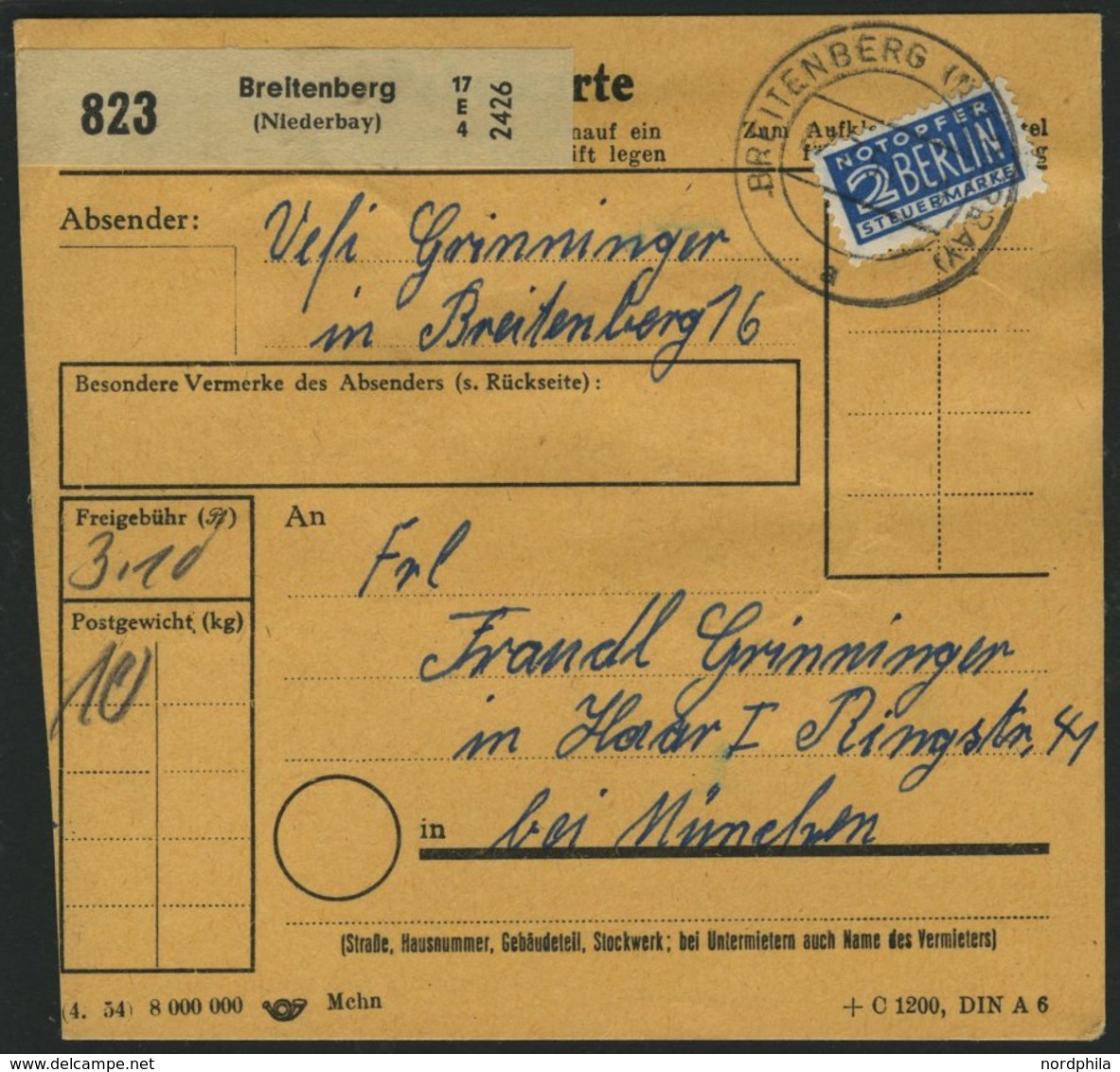 BUNDESREPUBLIK 135 BRIEF, 1954, 60 Pf. Posthorn Im Fünferblock Rückseitig Mit 10 Pf. Zusatzfrankatur Auf Paketkarte Aus  - Other & Unclassified