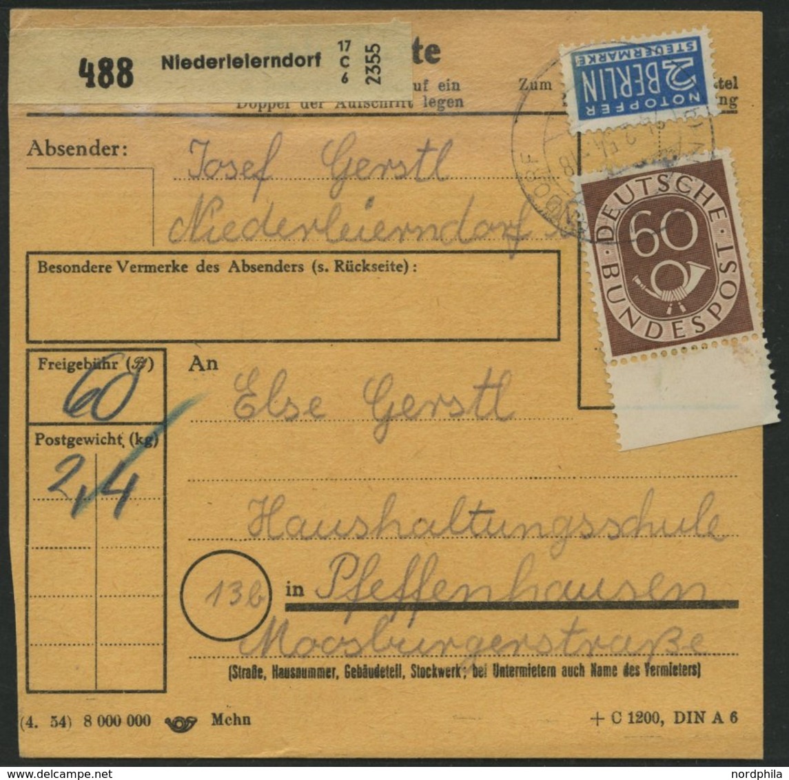 BUNDESREPUBLIK 135 BRIEF, 1954, 60 Pf. Posthorn Mit Unterrand Als Einzelfrankatur Auf Paketkarte Aus NIEDERLEIERNDORF, P - Andere & Zonder Classificatie