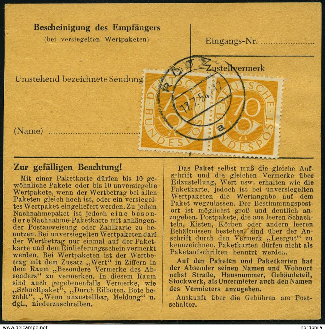BUNDESREPUBLIK 136 Paar BRIEF, 1954, 70 Pf. Posthorn Im Waagerechten Paar Rückseitig Auf Paketkarte Aus RÖTZ, Vorderseit - Other & Unclassified
