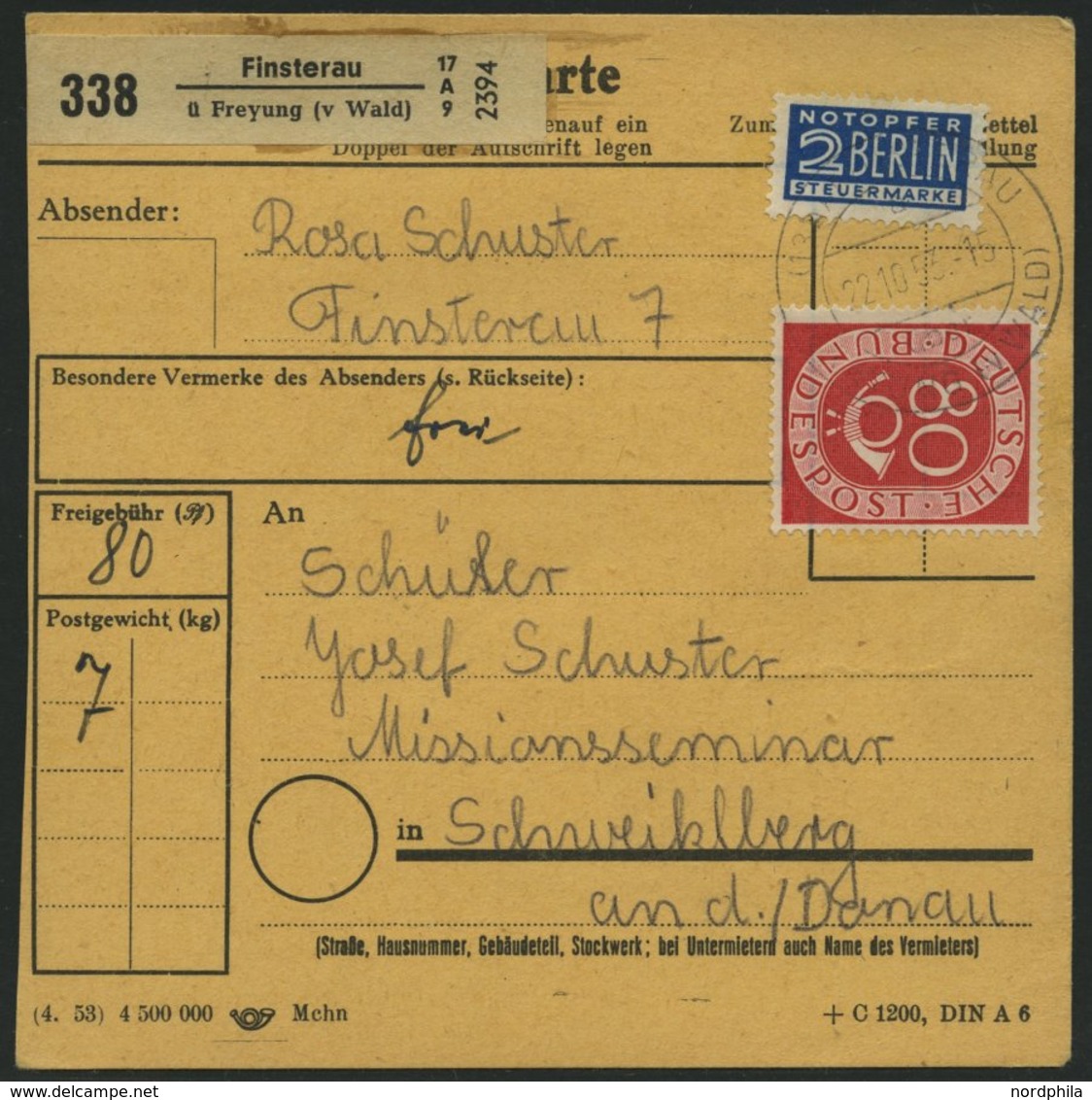 BUNDESREPUBLIK 137 BRIEF, 1954, 80 Pf. Posthorn, Einzelfrankatur Auf Paketkarte Aus FINSTERAU, Pracht - Other & Unclassified