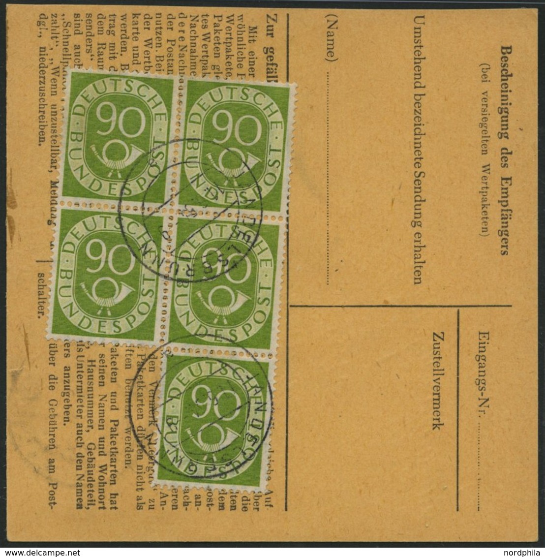 BUNDESREPUBLIK 138 BRIEF, 1954, 90 Pf. Posthorn Im Fünferblock Rückseitig Mit 20 Pf. Zusatzfrankatur Auf Paketkarte Aus  - Other & Unclassified