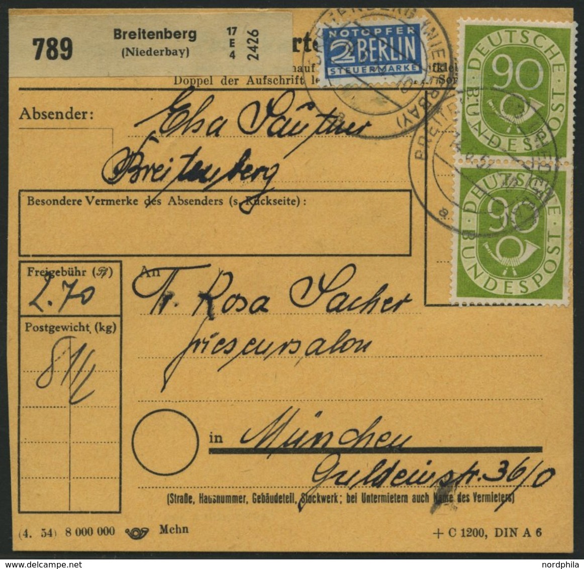 BUNDESREPUBLIK 138 BRIEF, 1954, 90 Pf. Posthorn, 3x Als Mehrfachfrankatur Auf Paketkarte Aus BREITENBERG, üblich Gezähnt - Other & Unclassified