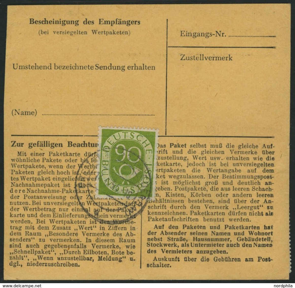 BUNDESREPUBLIK 138 BRIEF, 1954, 90 Pf. Posthorn, 3x Als Mehrfachfrankatur Auf Paketkarte Aus BREITENBERG, üblich Gezähnt - Andere & Zonder Classificatie