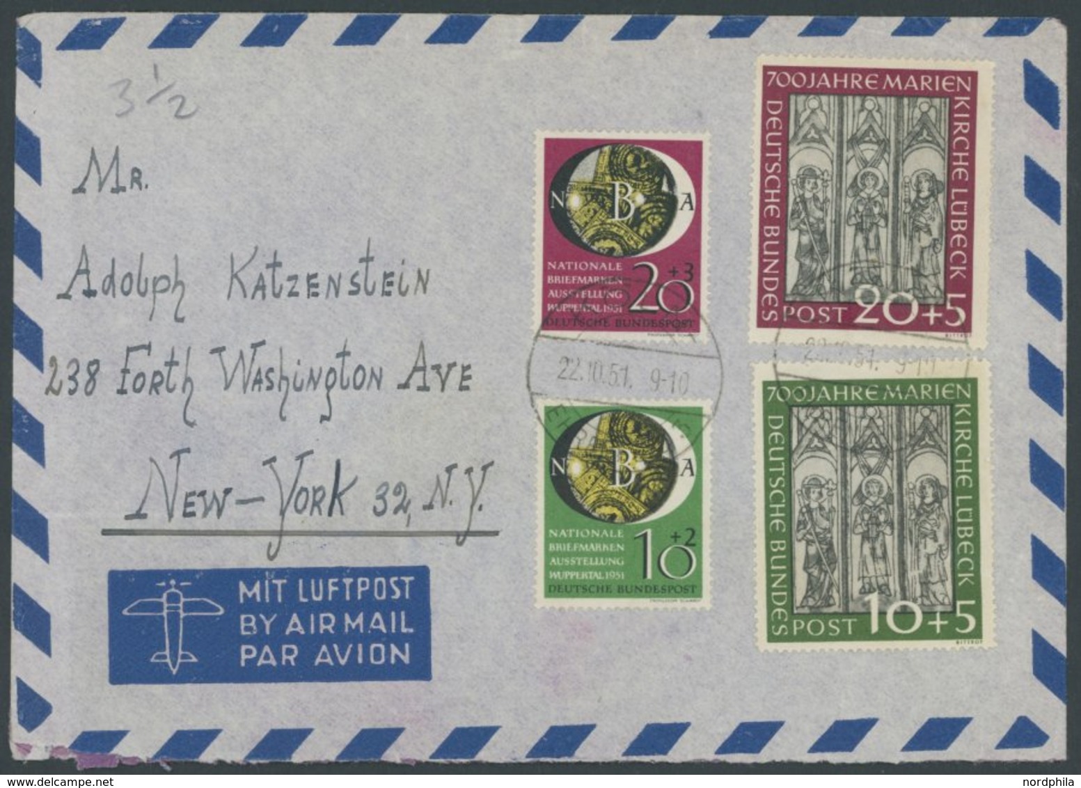 BUNDESREPUBLIK 139-42 BRIEF, 1951, Marienkirche Und NBA Auf Luftpostbrief Nach New York, Pracht - Andere & Zonder Classificatie