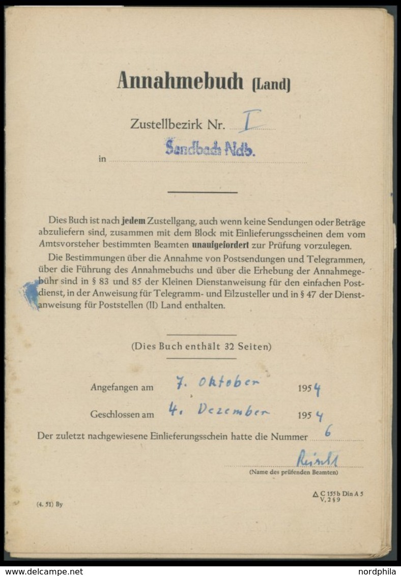 BUNDESREPUBLIK Brief , 1954, Annahmebuch (Land), Zustellbezirk Nr. I In Sandbach Ndb., 32 Seiten Komplett, Die Gebühr Wu - Other & Unclassified