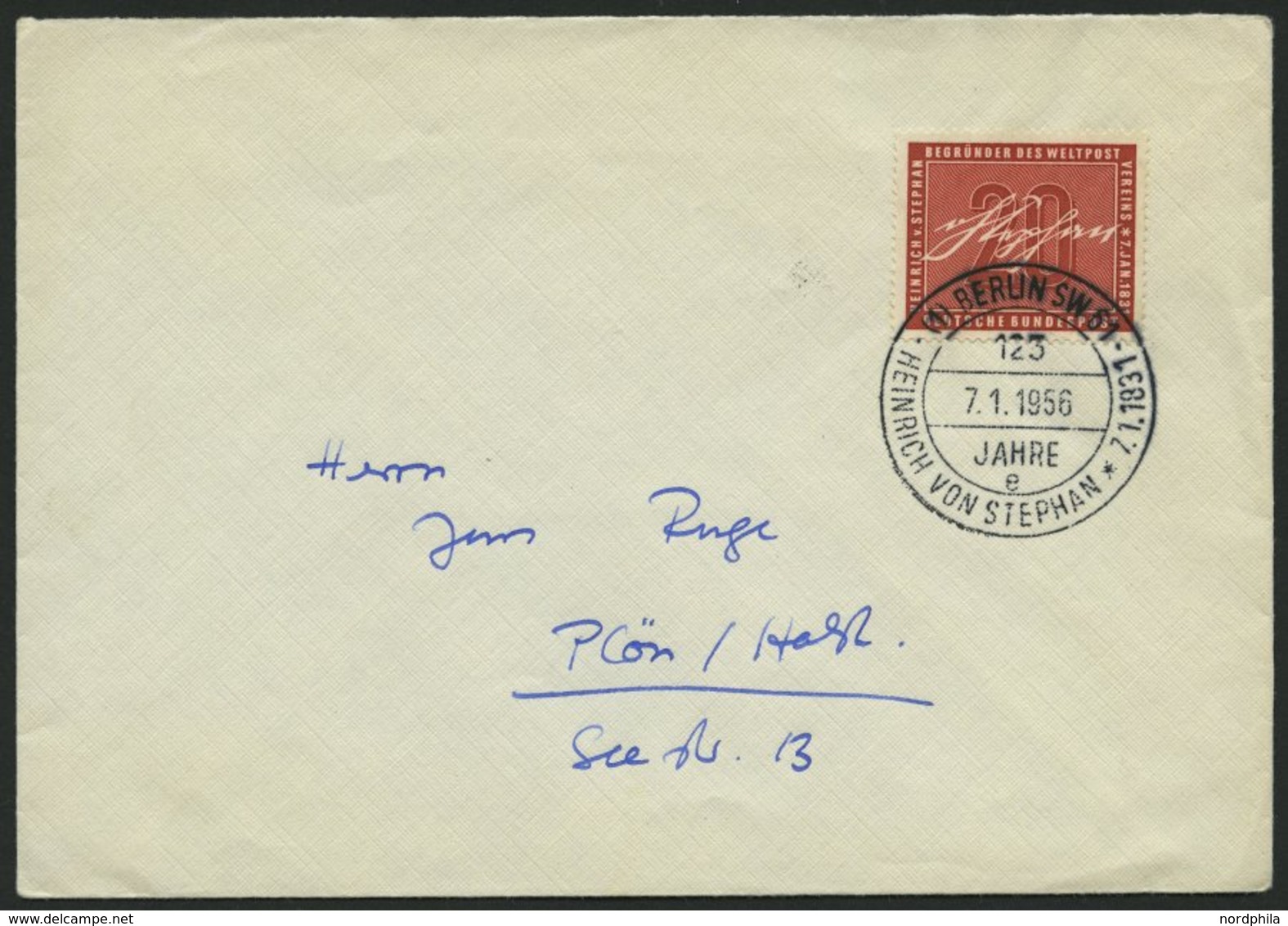 BUNDESREPUBLIK 227 BRIEF, 1956, 20 Pf. Stephan Auf FDC Mit Sonderstempel BERLIN SW 61, Pracht, Mi. 350.- - Other & Unclassified