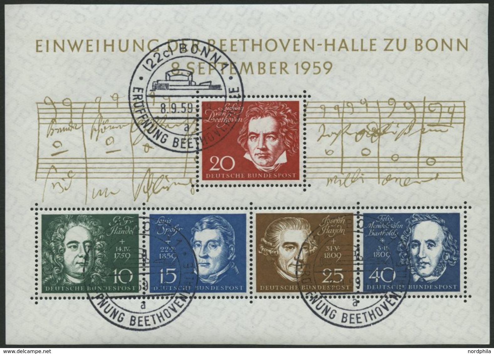 BUNDESREPUBLIK Bl. 2 O, 1959, Block Beethoven, Ersttags-Sonderstempel, Pracht, Mi. (80.-) - Other & Unclassified