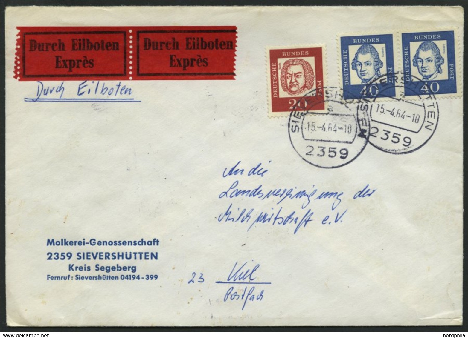 BUNDESREPUBLIK 355y Paar BRIEF, 1964, 40 Pf. Lessing Im Waagerechten Paar Mit 20 Pf. Zusatzfrankatur Auf Bedarfs-Eilbrie - Other & Unclassified