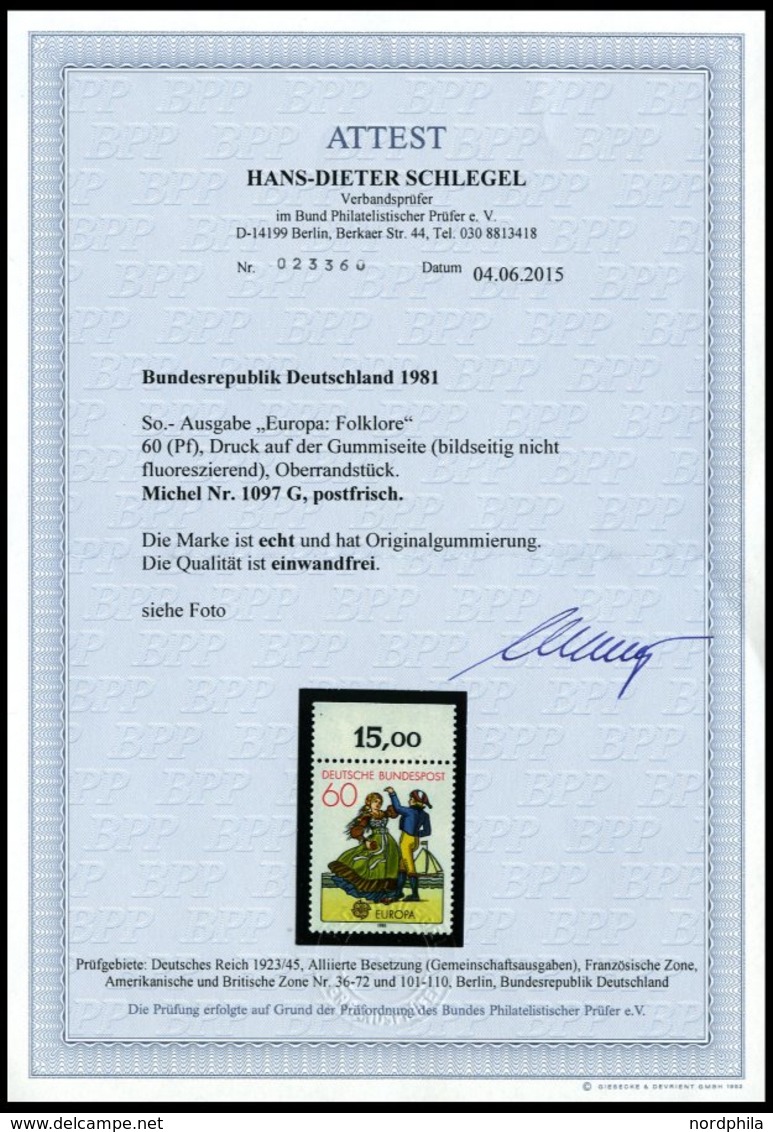 BUNDESREPUBLIK 1097G **, 1982, 60 Pf. EUROPA: Folklore, Druck Auf Der Gummiseite (bildseitig Nicht Fluoreszierend), Ober - Andere & Zonder Classificatie