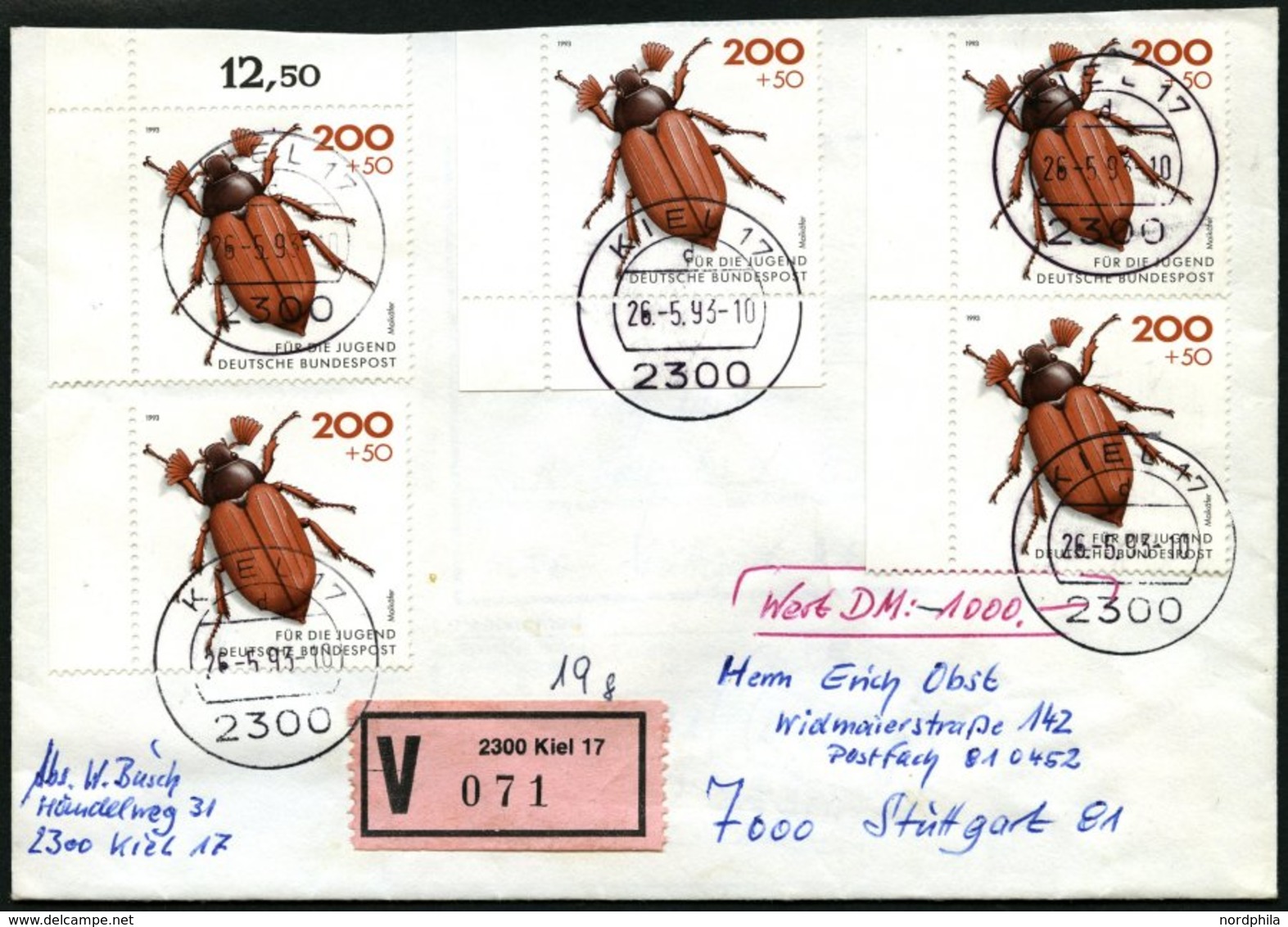 BUNDESREPUBLIK 1670 BRIEF, 1993, 200 Pf. Feld-Maikäfer, 5x Auf Gesielgeltem Wertbrief DM 1000.-, Pracht - Other & Unclassified