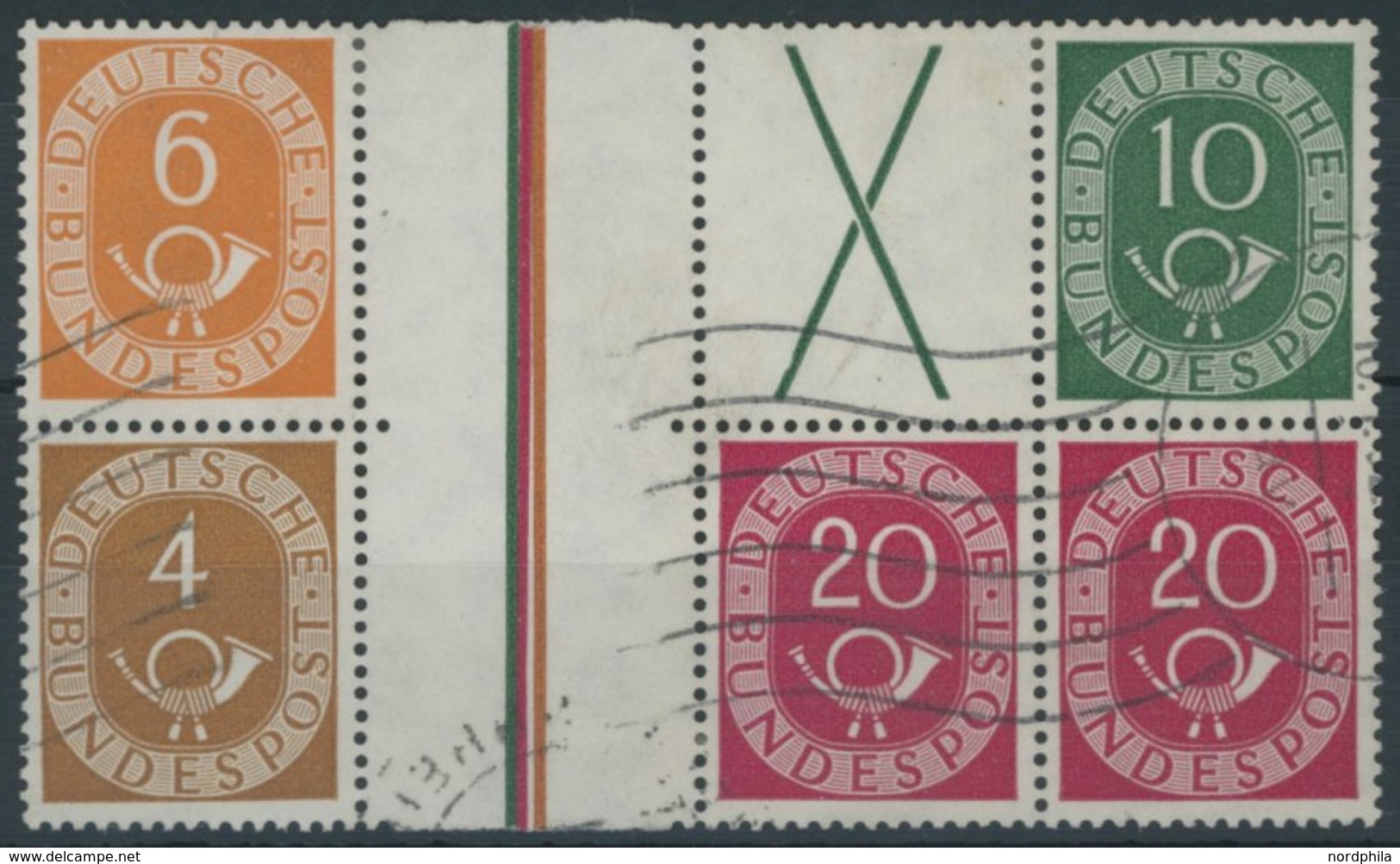 ZUSAMMENDRUCKE WZ 3/4 O, 1951, Posthorn 4 + Z + 20 Und 6 + Z + X + 10 Zusammen Im Block, Andreaskreuz Mit Plattenfehler  - Se-Tenant