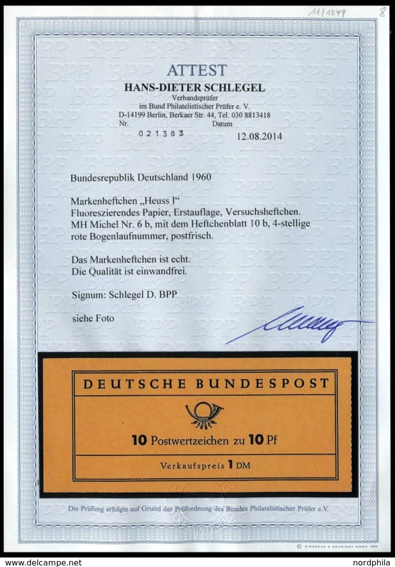 ZUSAMMENDRUCKE MH 6b **, 1960, Markenheftchen Heuss Lumogen, Erstauflage, Mit Roter Bogenlaufnummer, Pracht, Fotoattest  - Altri & Non Classificati