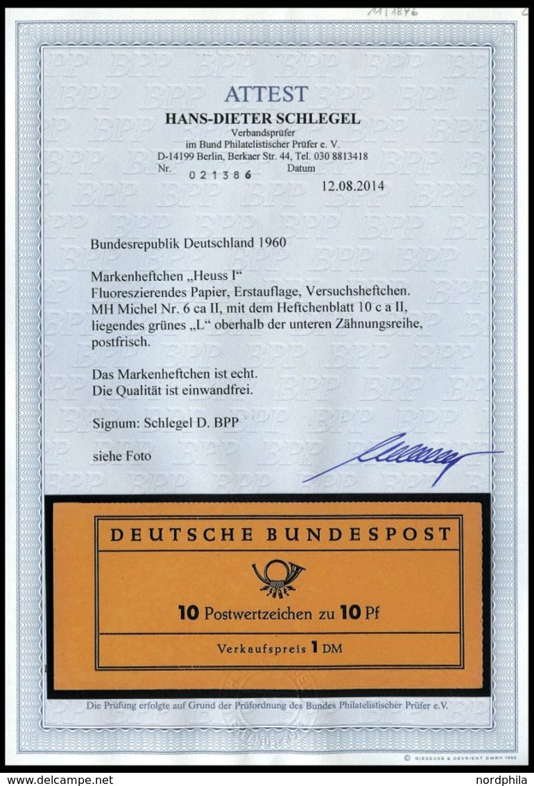 ZUSAMMENDRUCKE MH 6caII **, 1960, Markenheftchen Heuss Lumogen, Erstauflage, Mit Liegendem Grünen L Oberhalb Der Unteren - Altri & Non Classificati