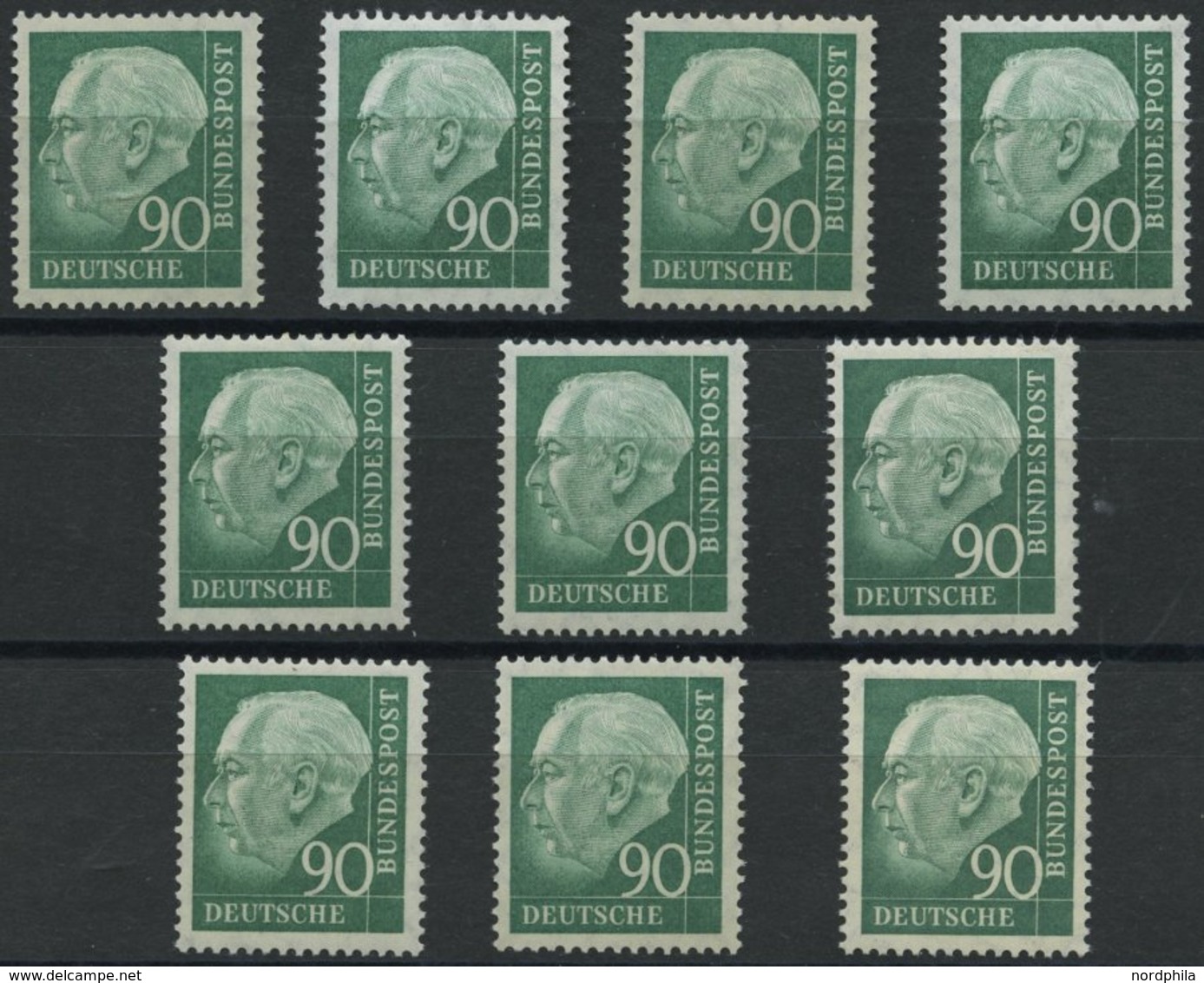 ENGROS 265xv **, 1957, 90 Pf. Heuss II, Geriffelter Gummi, 10x, Fast Nur Pracht, Mi. 380.- - Unused Stamps