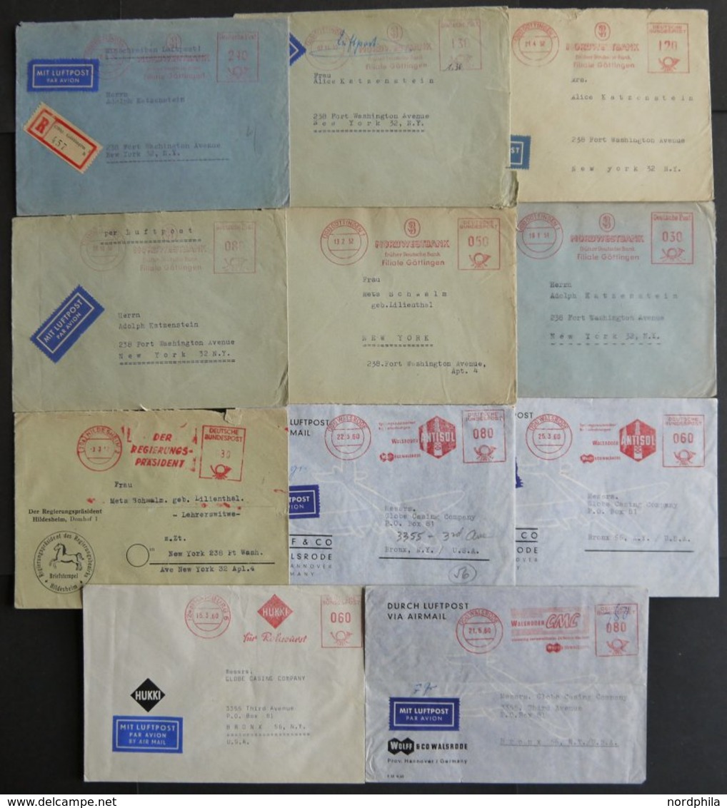 LOTS 1950-60, 11 Briefe Nach New York Mit Roten Firmenfreistemplern, Alles Verschiedene Stempel Bzw. Portostufen, Meist  - Used Stamps
