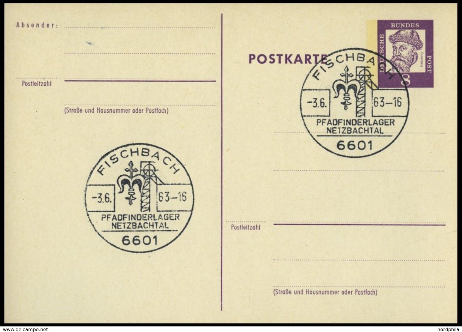 GANZSACHEN P 73 BRIEF, 1962, 8 Pf. Gutenberg, Postkarte In Grotesk-Schrift, Leer Gestempelt Mit Sonderstempel FISCHBACH  - Collezioni