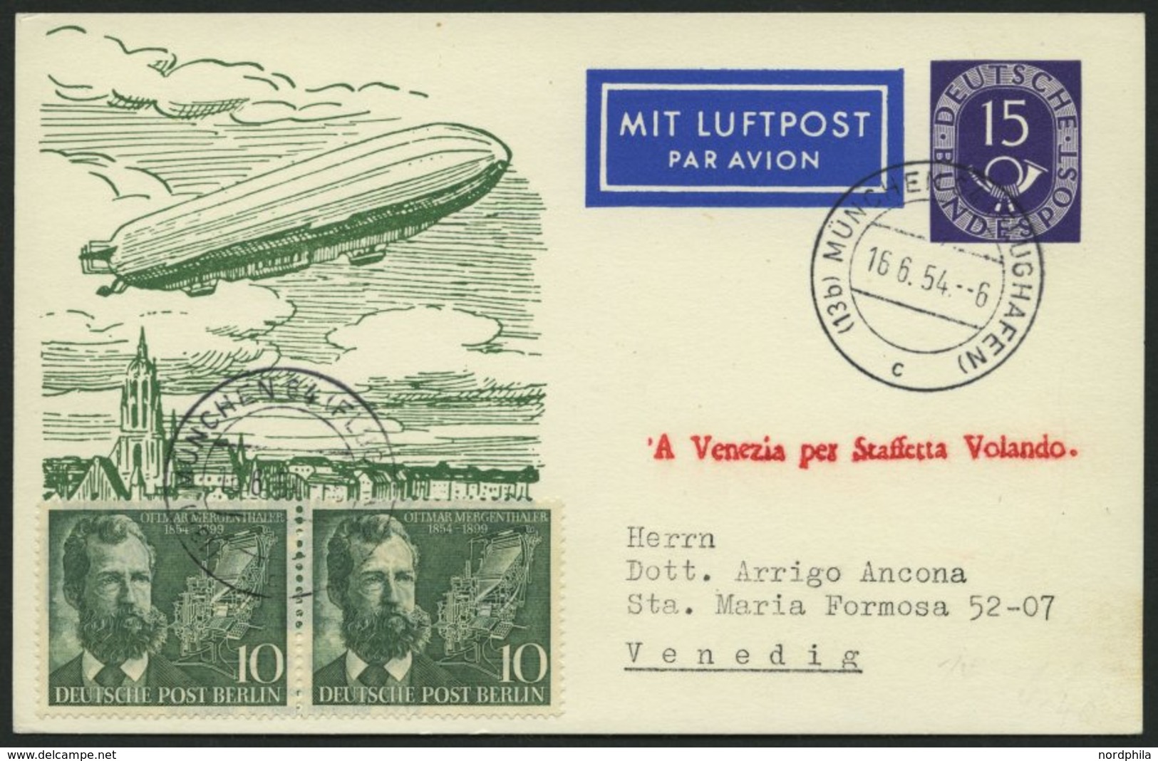 GANZSACHEN PP 4/2 BRIEF, 1952, Privatpostkarte 15 Pf. Posthorn, 40 Jahre Deutsche Luftpost, Mit 20 Pf. Zusatzfrankatur N - Collections