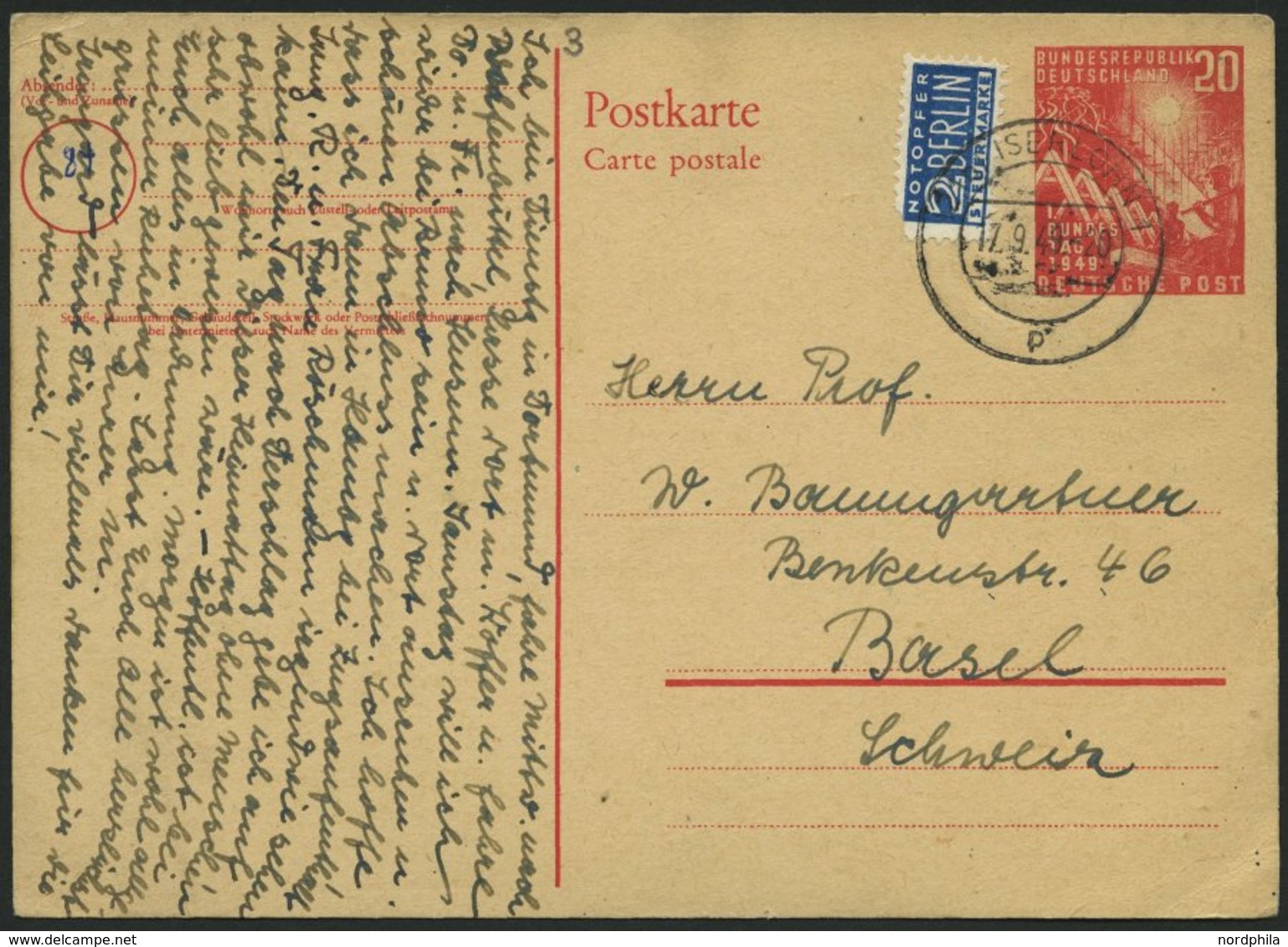 GANZSACHEN PSo 2 BRIEF, 1949, 20 Pf. Bundestag, Bedarfskarte In Die Schweiz, Pracht, Mi. 150.- - Colecciones
