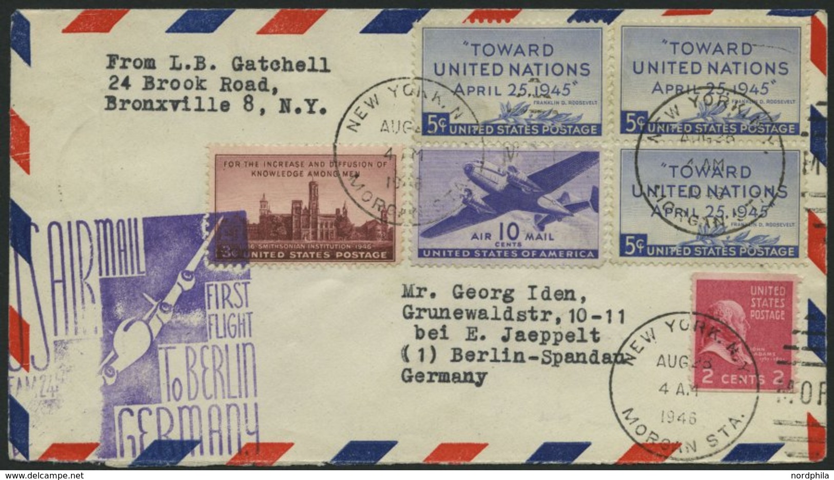 ERST-UND ERÖFFNUNGSFLÜGE 2255 BRIEF, 28.8.46, New York-Berlin, USA-Frankatur, Brief Feinst - Storia Postale