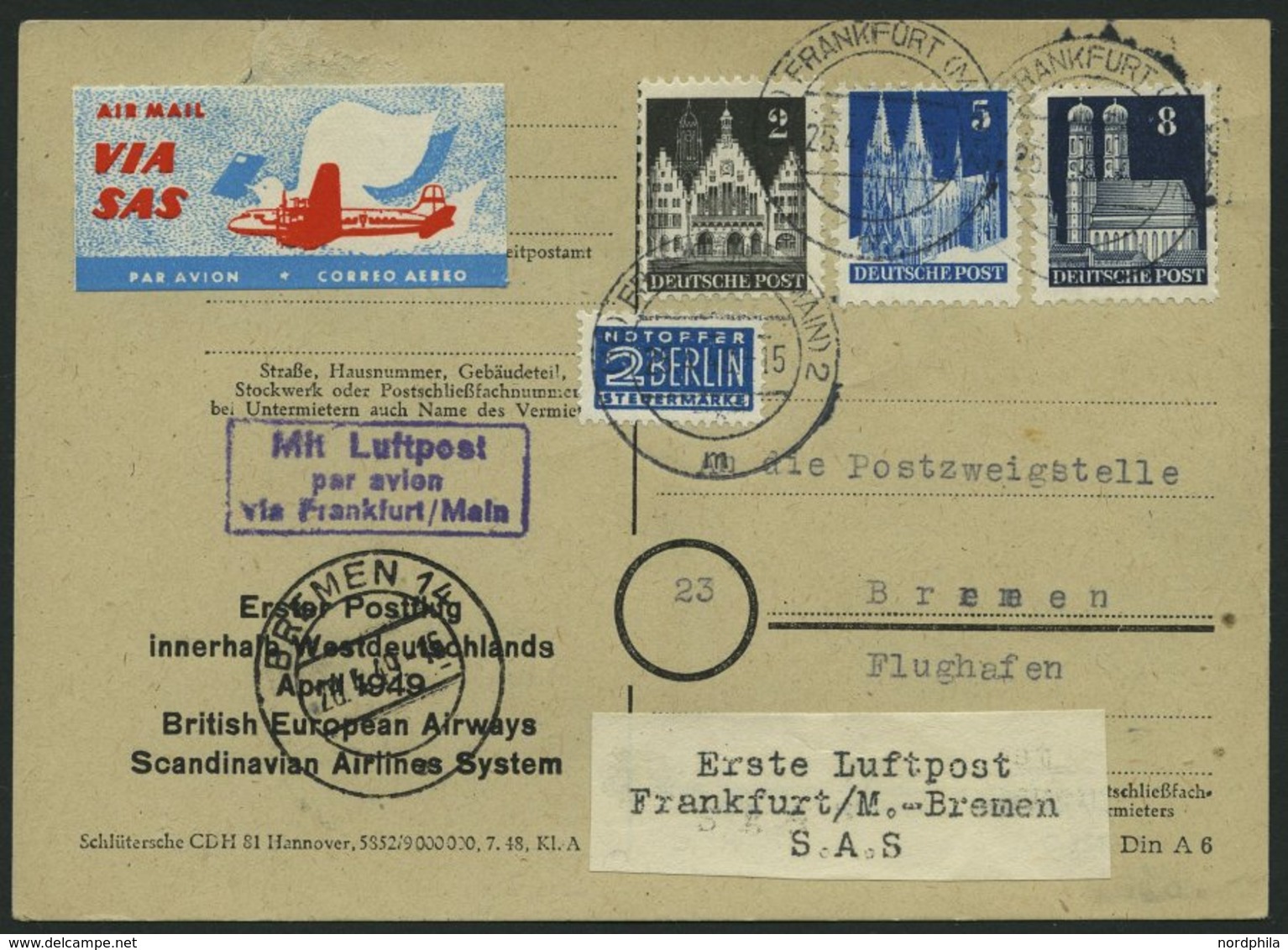 ERST-UND ERÖFFNUNGSFLÜGE 2329 BRIEF, 25.4.49, Frankfurt-Bremen, Karte Feinst - Storia Postale