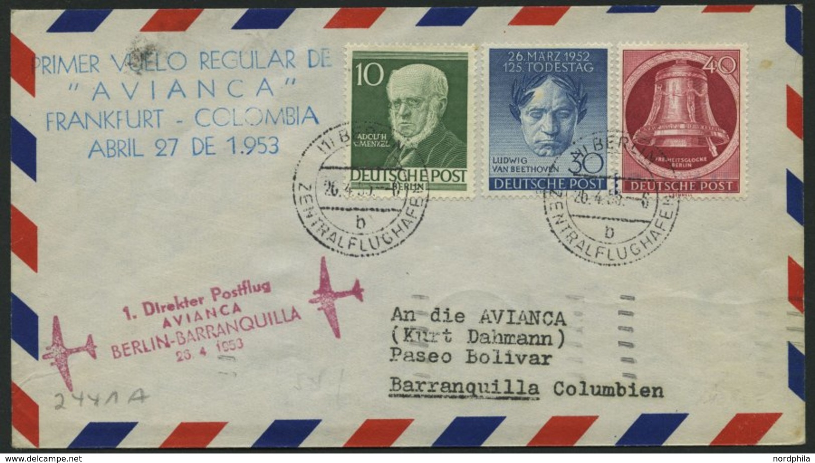 ERST-UND ERÖFFNUNGSFLÜGE 2441A BRIEF, 26.4.53, Berlin-Barranquilla, Frankiert Mit Berlin Nr. 86 Und 87, Prachtbrief - Storia Postale